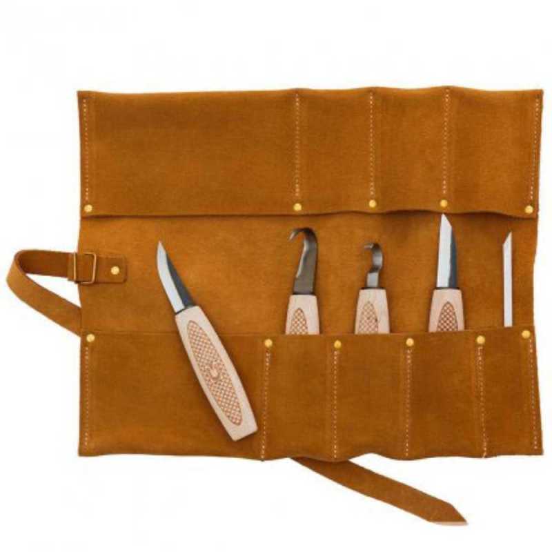 Carving and Hook Knives, 5-piece Set, incl. Leather Tool Roll