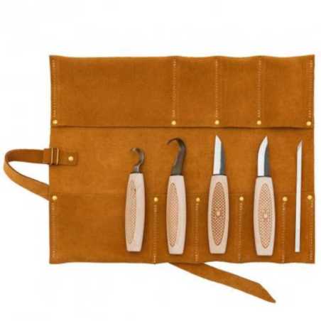 Carving and Hook Knives, 5-piece Set, incl. Leather Tool Roll